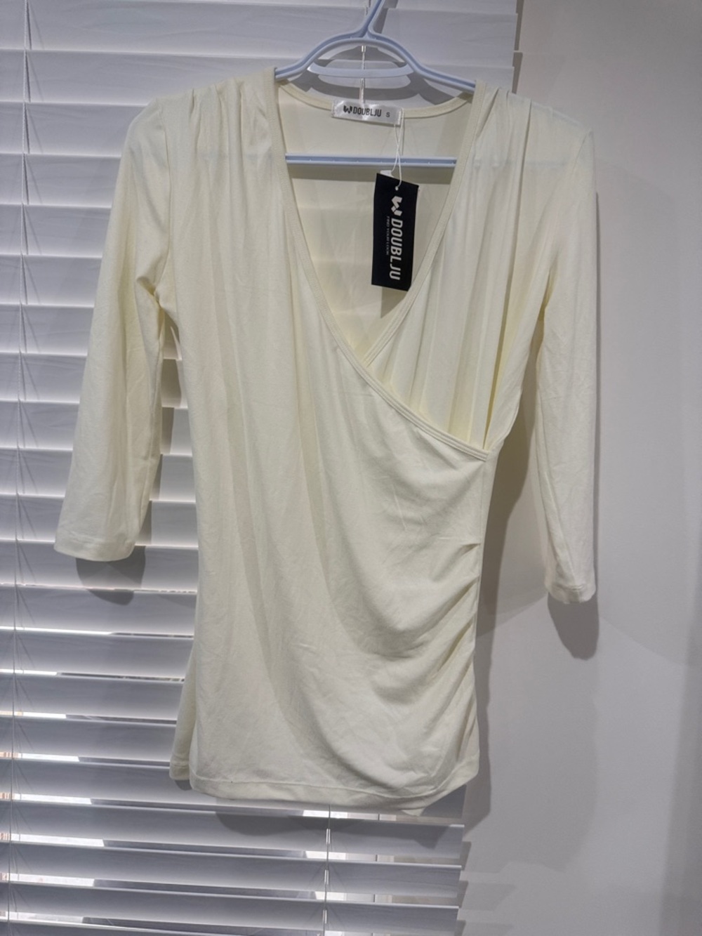Doublju Ivory Wrap-Front V-Neck 3/4 Sleeve Top